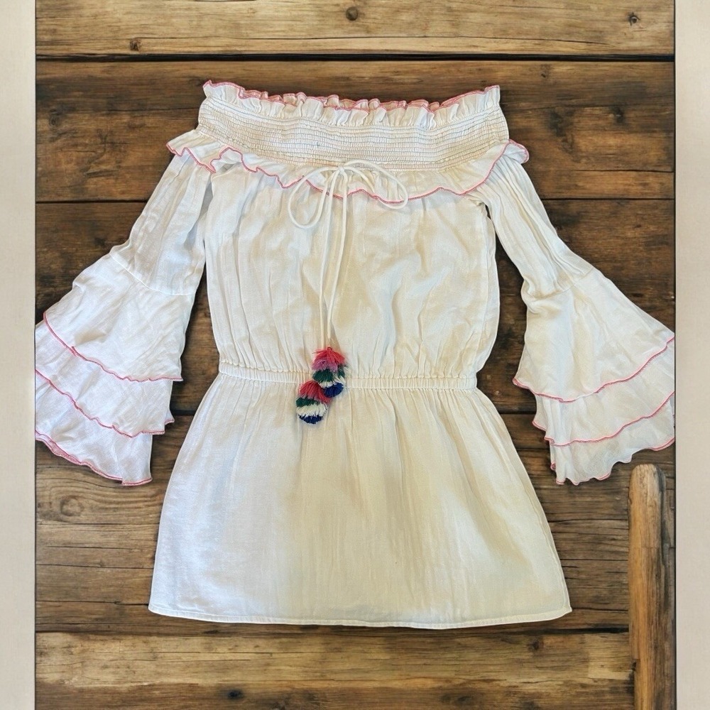 White Off Shoulder Ruffle Tiered Sleeve Tassel Boho Peasant Blouse Top